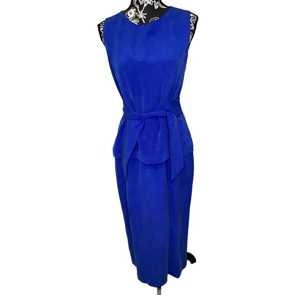 YL By Yair Royal Blue Silk Sleeveless Peplum Tie Waist Midi Career Dress Formal